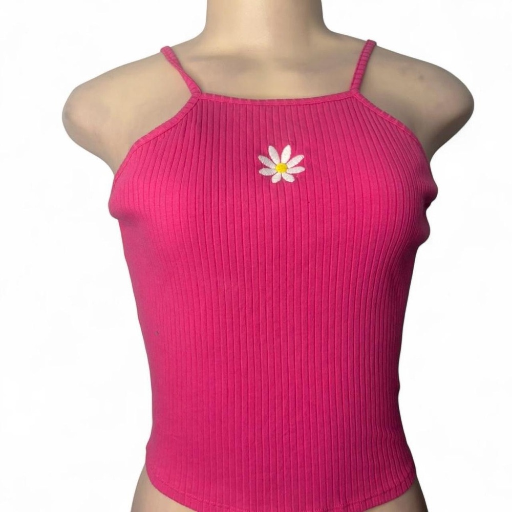 Hot Pink Ribbed Daisy Tank Top - Picture 2 of 3